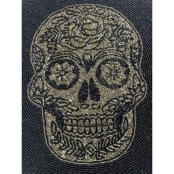 Tahari Halloween Beaded Gold Skull Black Placemat Centerpiece Charger Gothic 15" - Picture 2 of 7